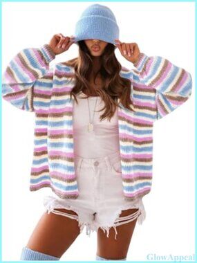 Open Front Striped Chunky Knit Cardigan Sweater Long Sleeve V-Neck